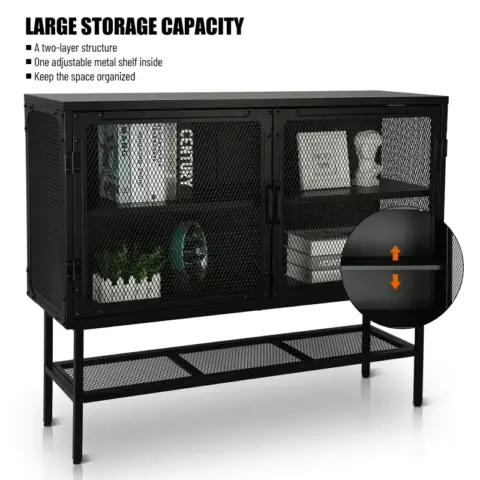Double Door Cabinet Console Table with 2 Mesh Doors Adjustable Shelf and Feet Bottom Shelf Anti-Tip Dust-free Kitchen Credenza Sideboard Frosted
