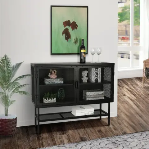 Double Door Cabinet Console Table with 2 Mesh Doors Adjustable Shelf and Feet Bottom Shelf Anti-Tip Dust-free Kitchen Credenza Sideboard Frosted