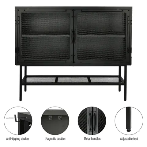 Double Door Cabinet Console Table with 2 Mesh Doors Adjustable Shelf and Feet Bottom Shelf Anti-Tip Dust-free Kitchen Credenza Sideboard Frosted