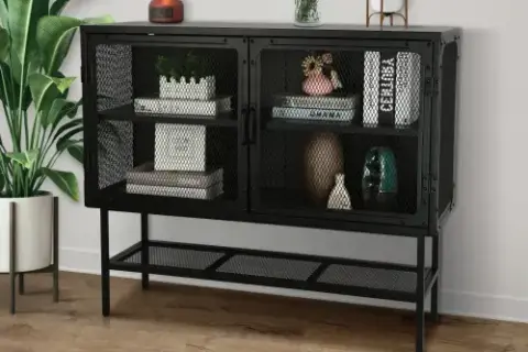 Industrial Double Door Cabinet Console Table With 2 Mesh Doors Adjustable Shelf And Feet Bottom Shelf Anti Tip Dust Free Kitchen Credenza Sideboard Frosted Black