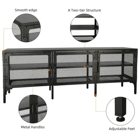 Industrial Wood and Metal TV Stand Entertainment Center Cabinet TV Console Table with 3 Metal Mesh Doors 2-Tier Storage Shelves for Living Room