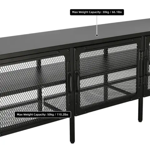 Industrial Wood and Metal TV Stand Entertainment Center Cabinet TV Console Table with 3 Metal Mesh Doors 2-Tier Storage Shelves for Living Room
