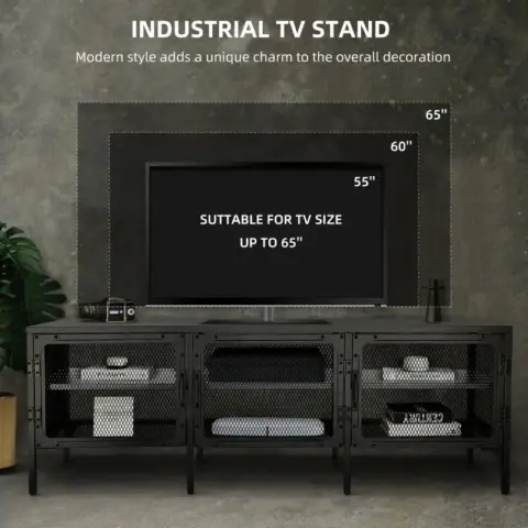Industrial Wood and Metal TV Stand Entertainment Center Cabinet TV Console Table with 3 Metal Mesh Doors 2-Tier Storage Shelves for Living Room