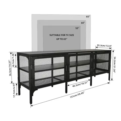 Industrial Wood and Metal TV Stand Entertainment Center Cabinet TV Console Table with 3 Metal Mesh Doors 2-Tier Storage Shelves for Living Room