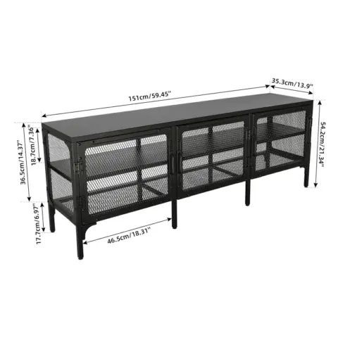 Industrial Wood and Metal TV Stand Entertainment Center Cabinet TV Console Table with 3 Metal Mesh Doors 2-Tier Storage Shelves for Living Room