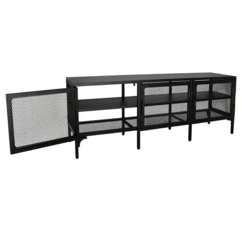 Industrial Wood and Metal TV Stand Entertainment Center Cabinet TV Console Table with 3 Metal Mesh Doors 2-Tier Storage Shelves for Living Room