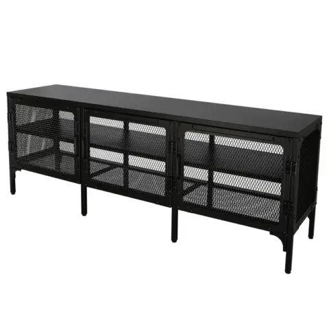 Industrial Wood and Metal TV Stand Entertainment Center Cabinet TV Console Table with 3 Metal Mesh Doors 2-Tier Storage Shelves for Living Room