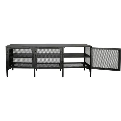 Industrial Wood and Metal TV Stand Entertainment Center Cabinet TV Console Table with 3 Metal Mesh Doors 2-Tier Storage Shelves for Living Room