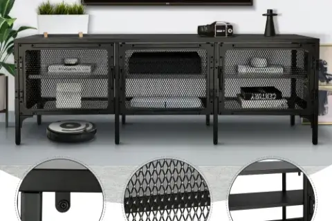 Industrial Wood And Metal Tv Stand Entertainment Center Cabinet Tv Console Table With 3 Metal Mesh Doors 2 Tier Storage Shelves For Living Room Frosted Black