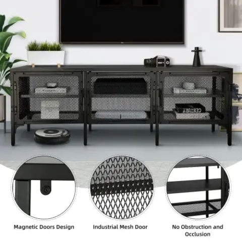 Industrial Wood and Metal TV Stand Entertainment Center Cabinet TV Console Table with 3 Metal Mesh Doors 2-Tier Storage Shelves for Living Room
