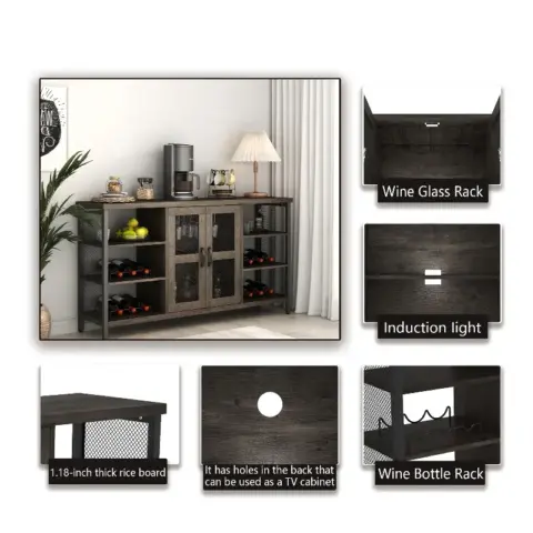 Jhx Industrial Wine Bar Cabinet, Liquor Storage Credenza, Sideboard With Wine Racks & Stemware Holder 12