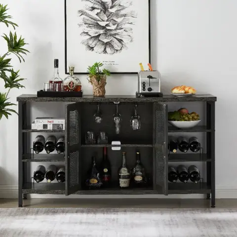 Jhx Industrial Wine Bar Cabinet, Liquor Storage Credenza, Sideboard With Wine Racks & Stemware Holder 2