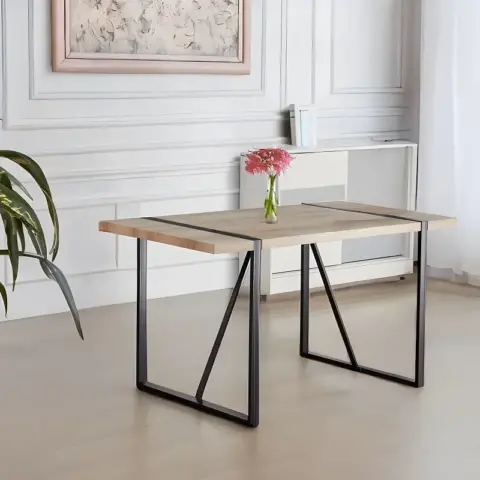 Mdf Wood Colour Dining Table Set Of 4 And Modern Dining Chairs , Mid Century Wooden Kitchen Table Set, Metal Base & Legs, Dining Room Table And Linen Chairs 10