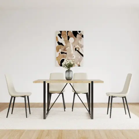 Mdf Wood Colour Dining Table Set Of 4 And Modern Dining Chairs , Mid Century Wooden Kitchen Table Set, Metal Base & Legs, Dining Room Table And Linen Chairs 4