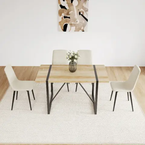 Mdf Wood Colour Dining Table Set Of 4 And Modern Dining Chairs , Mid Century Wooden Kitchen Table Set, Metal Base & Legs, Dining Room Table And Linen Chairs 5