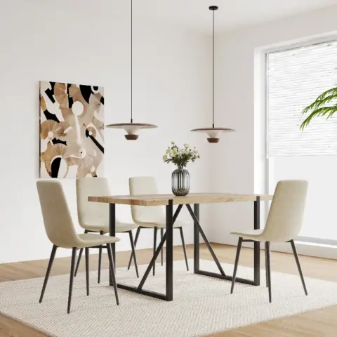 Mdf Wood Colour Dining Table Set Of 4 And Modern Dining Chairs , Mid Century Wooden Kitchen Table Set, Metal Base & Legs, Dining Room Table And Linen Chairs 6