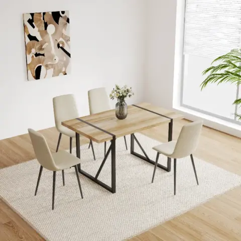 Mdf Wood Colour Dining Table Set Of 4 And Modern Dining Chairs , Mid Century Wooden Kitchen Table Set, Metal Base & Legs, Dining Room Table And Linen Chairs 7