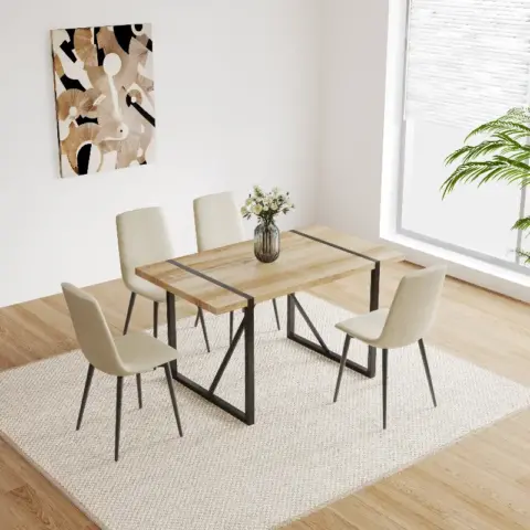 Mdf Wood Colour Dining Table Set Of 4 And Modern Dining Chairs , Mid Century Wooden Kitchen Table Set, Metal Base & Legs, Dining Room Table And Linen Chairs 8
