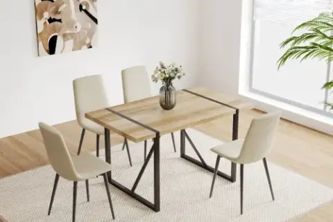 Mdf Wood Colour Dining Table Set Of 4 And Modern Dining Chairs , Mid Century Wooden Kitchen Table Set, Metal Base & Legs, Dining Room Table And Linen Chairs
