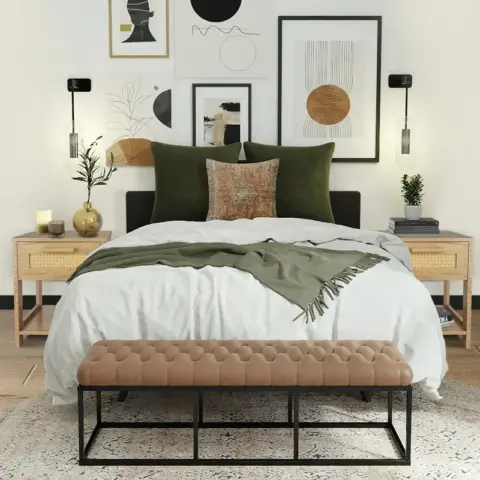 Nightstand Set Of 2, 2 Drawer Dresser For Bedroom, Small Dresser With 2 Drawers And Two Open Storage Shelf, Bedside Furniture, Night Stand, End Table With Rattan Design 10
