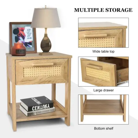Nightstand Set Of 2, 2 Drawer Dresser For Bedroom, Small Dresser With 2 Drawers And Two Open Storage Shelf, Bedside Furniture, Night Stand, End Table With Rattan Design 2