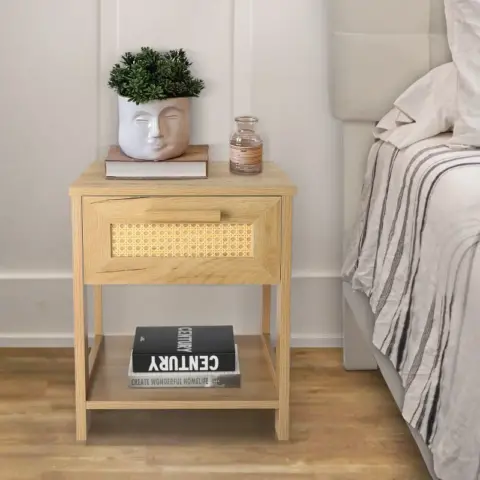 Nightstand Set Of 2, 2 Drawer Dresser For Bedroom, Small Dresser With 2 Drawers And Two Open Storage Shelf, Bedside Furniture, Night Stand, End Table With Rattan Design 3