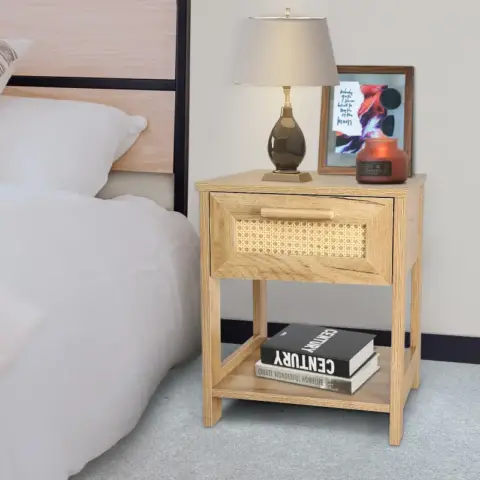 Nightstand Set Of 2, 2 Drawer Dresser For Bedroom, Small Dresser With 2 Drawers And Two Open Storage Shelf, Bedside Furniture, Night Stand, End Table With Rattan Design 5