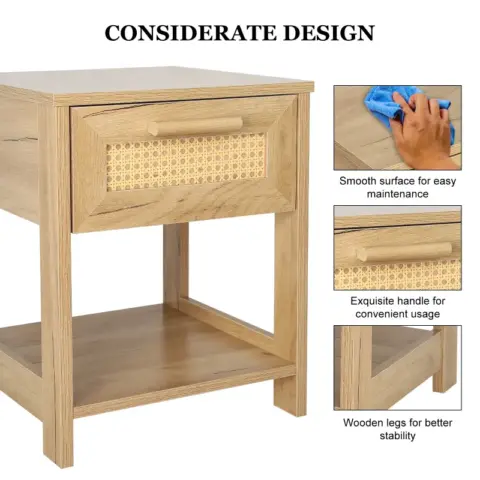Nightstand Set Of 2, 2 Drawer Dresser For Bedroom, Small Dresser With 2 Drawers And Two Open Storage Shelf, Bedside Furniture, Night Stand, End Table With Rattan Design 6