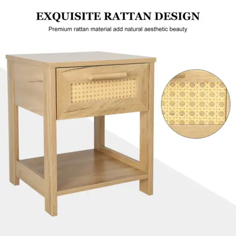 Nightstand Set Of 2, 2 Drawer Dresser For Bedroom, Small Dresser With 2 Drawers And Two Open Storage Shelf, Bedside Furniture, Night Stand, End Table With Rattan Design 8