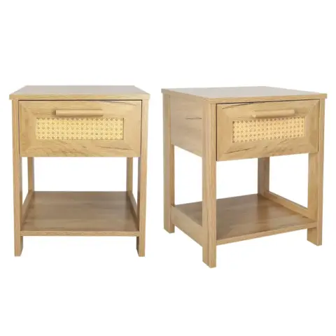 Nightstand Set Of 2, 2 Drawer Dresser For Bedroom, Small Dresser With 2 Drawers And Two Open Storage Shelf, Bedside Furniture, Night Stand, End Table With Rattan Design 9