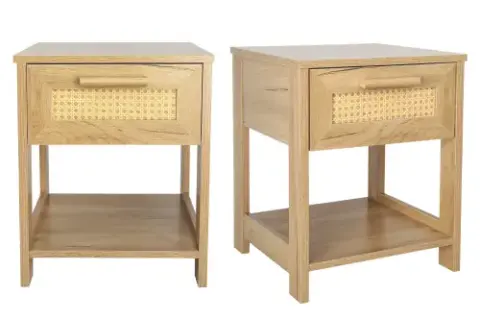 Nightstand Set Of 2, 2 Drawer Dresser For Bedroom, Small Dresser With 2 Drawers And Two Open Storage Shelf, Bedside Furniture, Night Stand, End Table With Rattan Design, Natural