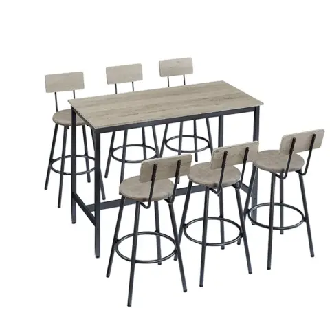 Pub High Dining Table 7 Piece Set, Industrial Style Pub Table, 6 PU Leather Bar Chairs for Kitchen Breakfast Table, Living Room, Bar