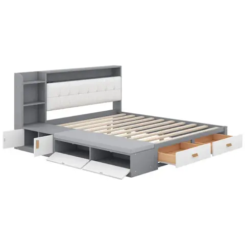 Queen Size Low Profile Platform Bed Frame With Upholstery Headboard And Storage Shelves And Drawers,usb Charging Design,gray 1
