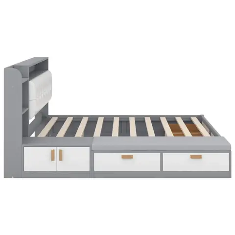 Queen Size Low Profile Platform Bed Frame With Upholstery Headboard And Storage Shelves And Drawers,usb Charging Design,gray 10