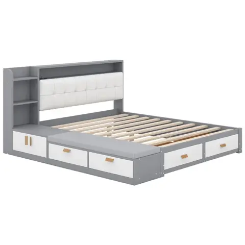Queen Size Low Profile Platform Bed Frame With Upholstery Headboard And Storage Shelves And Drawers,usb Charging Design,gray 11