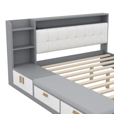 Queen Size Low Profile Platform Bed Frame With Upholstery Headboard And Storage Shelves And Drawers,usb Charging Design,gray 12