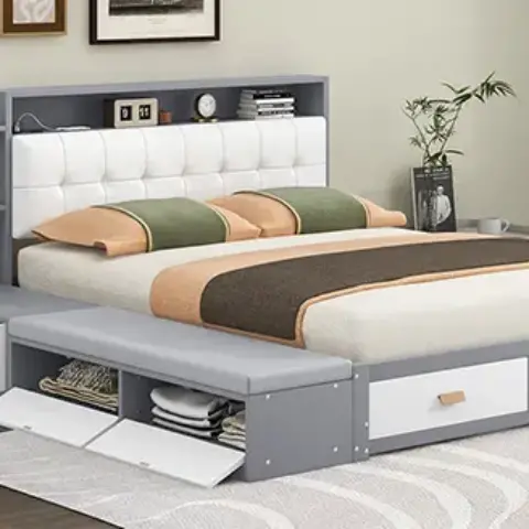 Queen Size Low Profile Platform Bed Frame With Upholstery Headboard And Storage Shelves And Drawers,usb Charging Design,gray 13