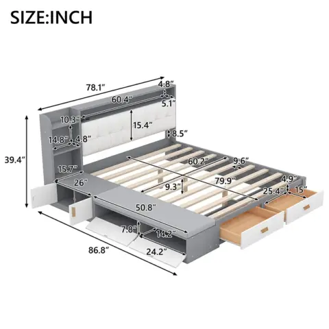 Queen Size Low Profile Platform Bed Frame With Upholstery Headboard And Storage Shelves And Drawers,usb Charging Design,gray 14