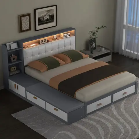 Queen Size Low Profile Platform Bed Frame With Upholstery Headboard And Storage Shelves And Drawers,usb Charging Design,gray 15