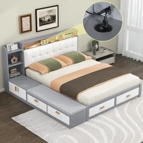 Queen Size Low Profile Platform Bed Frame With Upholstery Headboard And Storage Shelves And Drawers,usb Charging Design,gray 16