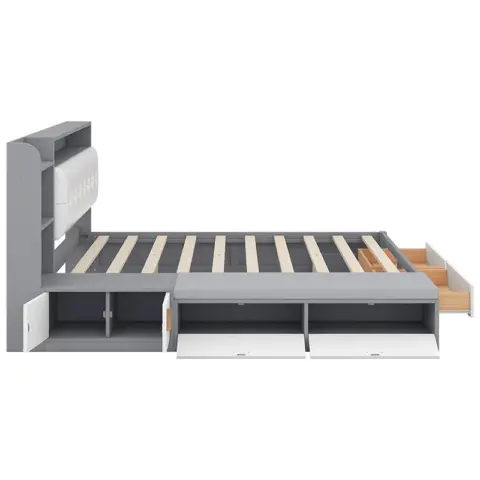 Queen Size Low Profile Platform Bed Frame With Upholstery Headboard And Storage Shelves And Drawers,usb Charging Design,gray 2