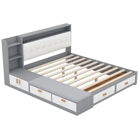 Queen Size Low Profile Platform Bed Frame With Upholstery Headboard And Storage Shelves And Drawers,usb Charging Design,gray 3