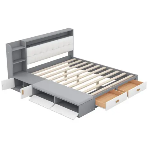 Queen Size Low Profile Platform Bed Frame With Upholstery Headboard And Storage Shelves And Drawers,usb Charging Design,gray 4