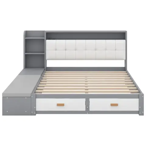 Queen Size Low Profile Platform Bed Frame With Upholstery Headboard And Storage Shelves And Drawers,usb Charging Design,gray 5