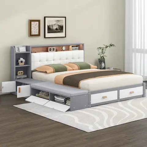 Queen Size Low Profile Platform Bed Frame With Upholstery Headboard And Storage Shelves And Drawers,usb Charging Design,gray 6