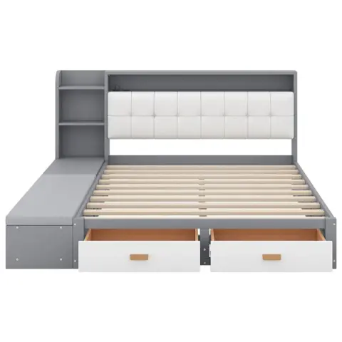 Queen Size Low Profile Platform Bed Frame With Upholstery Headboard And Storage Shelves And Drawers,usb Charging Design,gray 7