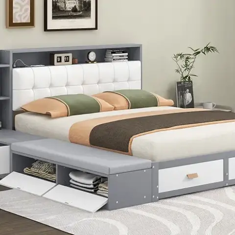 Queen Size Low Profile Platform Bed Frame With Upholstery Headboard And Storage Shelves And Drawers,usb Charging Design,gray 8