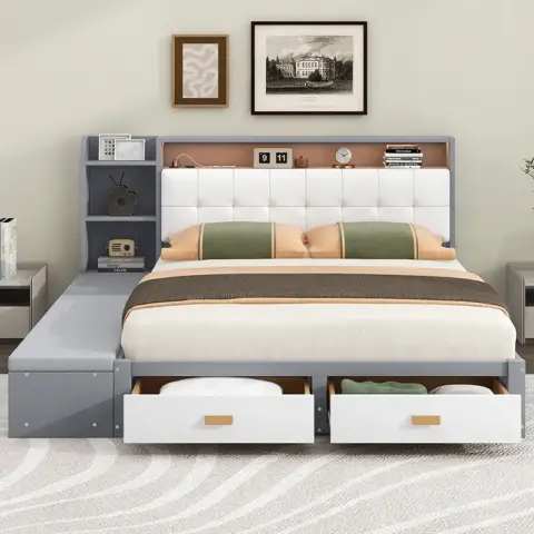 Queen Size Low Profile Platform Bed Frame With Upholstery Headboard And Storage Shelves And Drawers,usb Charging Design,gray 9