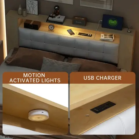 Queen Size Tufted Upholstered Platform Bed with Storage Headboard and Hydraulic Storage System, Storage Motion Activated Night Lights and USB Charger