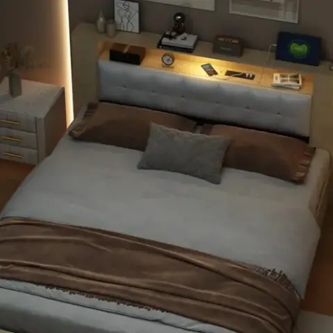 Queen Size Tufted Upholstered Platform Bed with Storage Headboard and Hydraulic Storage System, Storage Motion Activated Night Lights and USB Charger